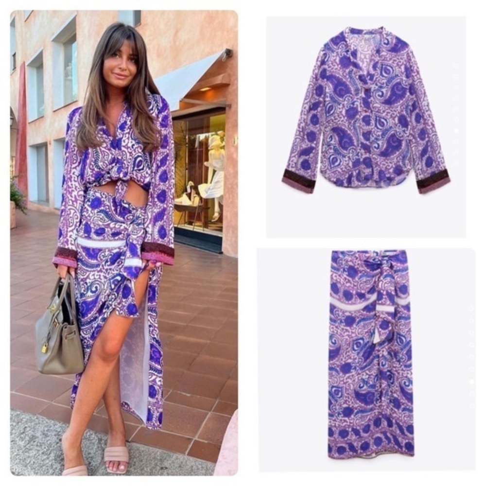 Zara NWT 2 piece beaded printed blouse and skirt set